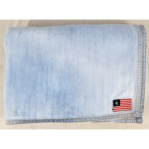 Ralph Lauren RLL Denim Throw Blanket Flag Patch USA 66 x 52 Distressed Worn - Picture 1 of 16